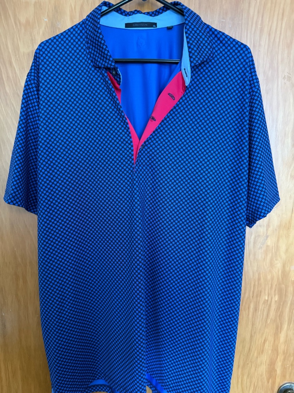 Greyson Men's Blue Geometric Polo with Pink Contrast Placket